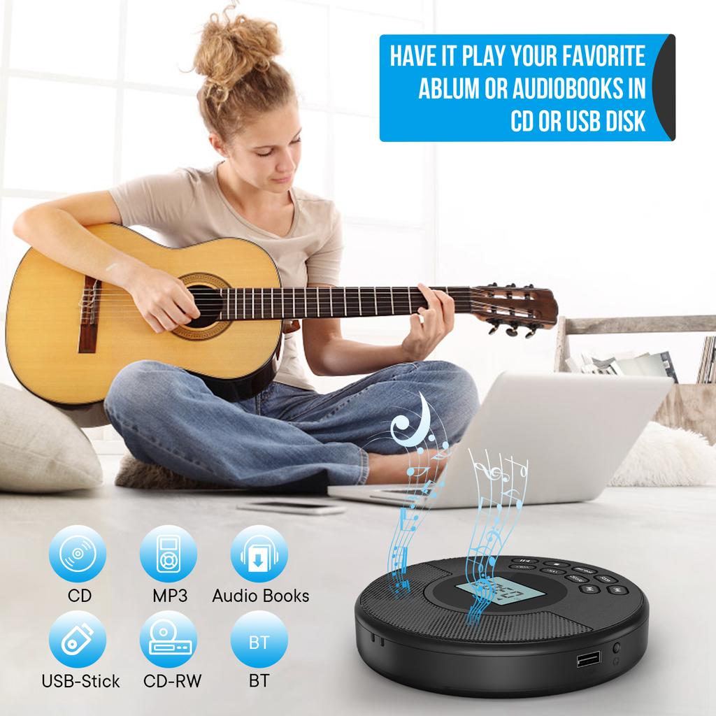 Tragbarer CD-Walkman, Bluetooth-Sender-CD-Player mit eingebauten Lautsprechern, unterstützt Kopfhörer, wiederaufladbarer Discman mit USB-Wiedergabefunktion