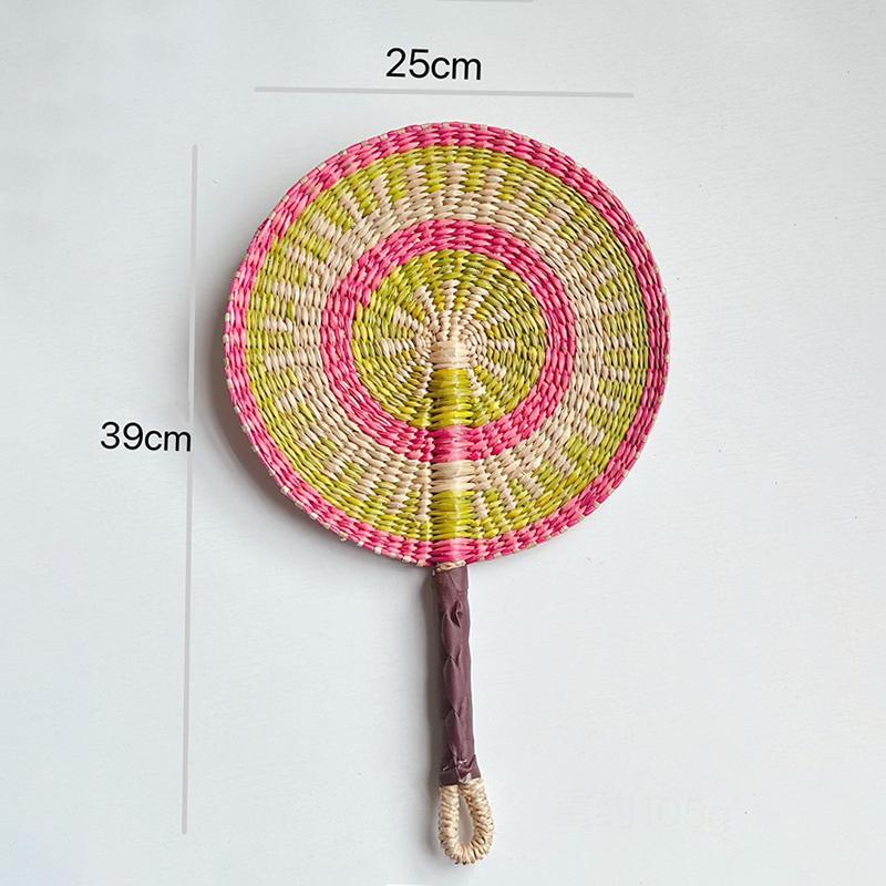 Colorful Striped Patterns Seagrass Woven Fan Vintage Anti-Mosquito Hand Braided Fan Natural Portable Cattail Fan School/Office