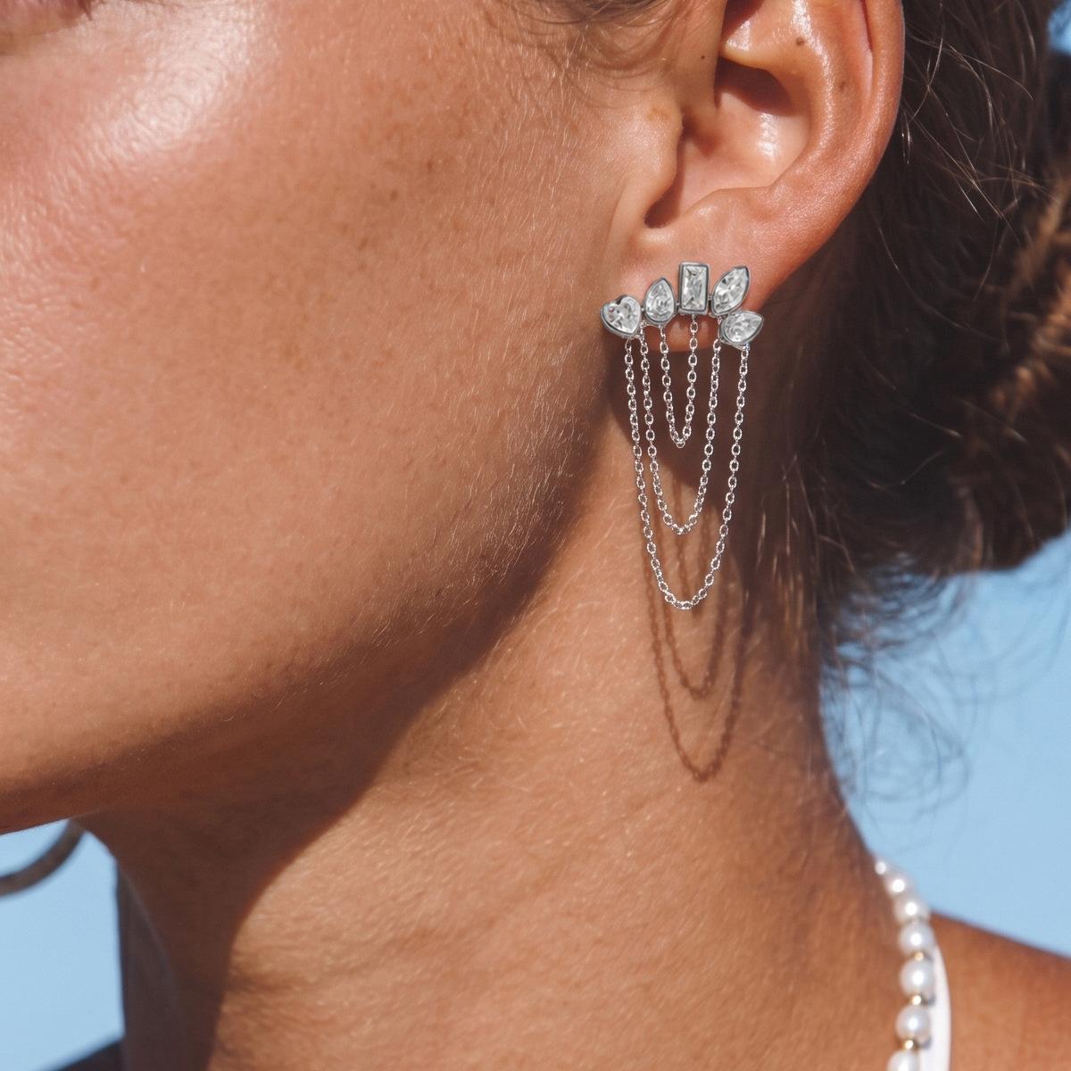 Stainless Steel Mixed Cut CZ Chain Tassel Earrings 18K Gold Plated Heart Teardrop Baguette CZ Statement Dangle Earrings earring