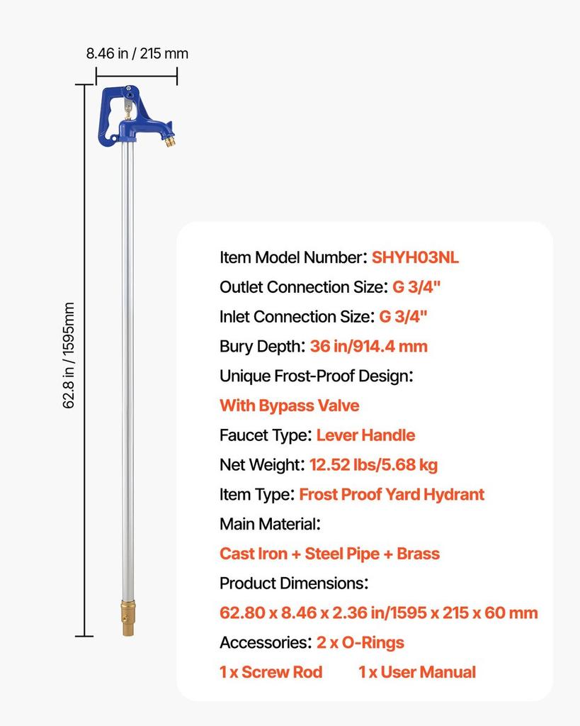 Robinet d'extérieur résistant au gel, Robinet d'extérieur antigel de 1595 mm avec profondeur d'enfouissement de 914,4 mm, Raccordement de tuyau G 3/4" et raccord pour tuyau d'arrosage, Sans plomb Antigel