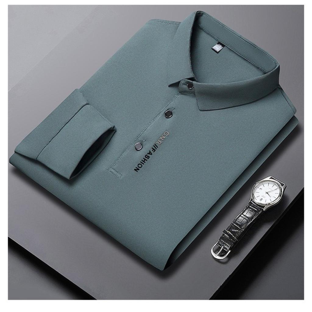 TrendHub Men's Long Sleeved POLO Shirt with Letter Printed Lapel Casual Top