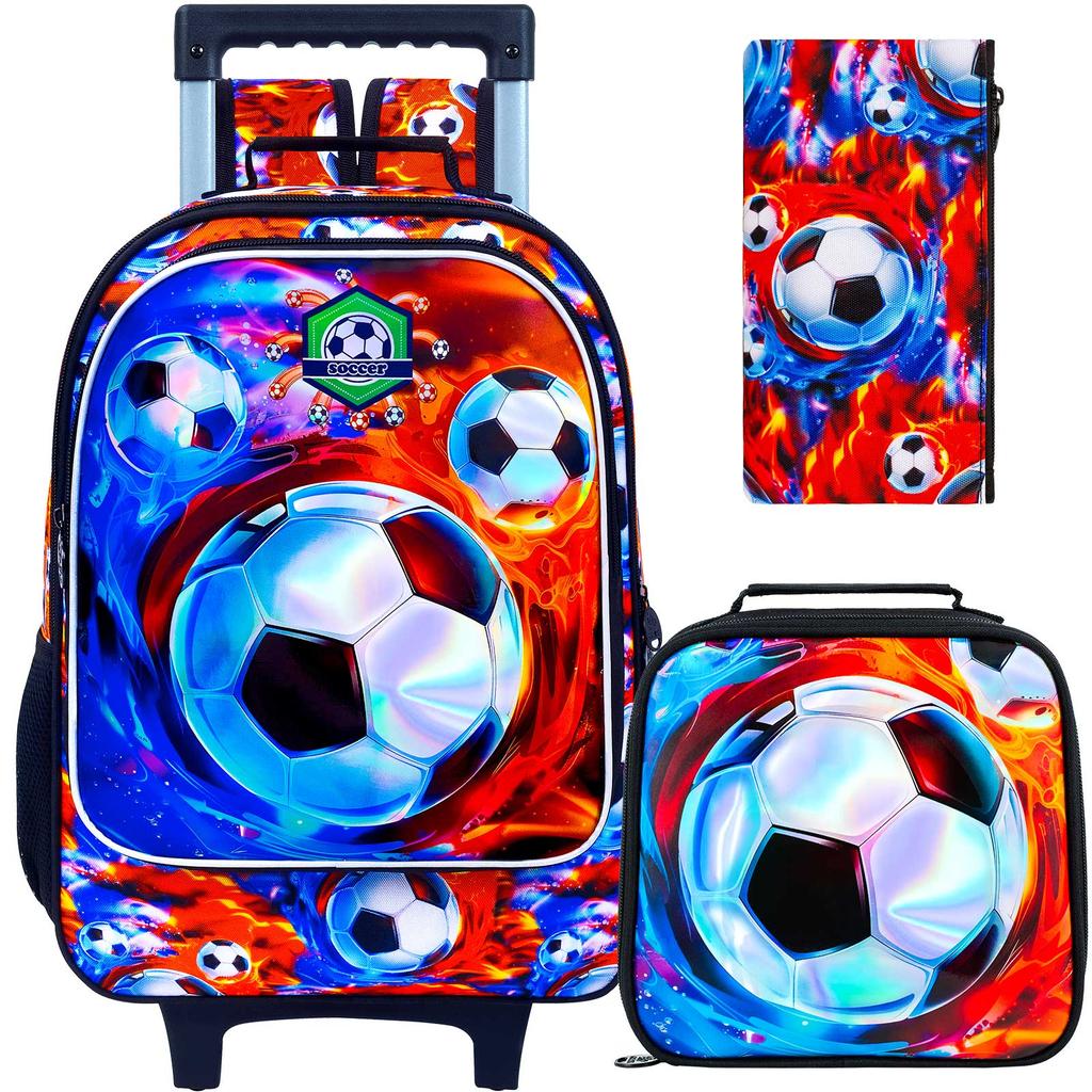 3dílná sada fotbalových batohů na kolečkách pro chlapce. Zahrnuje tašku na kolečkách & svačinový box. Ledový/Ohnivý design. Ideální pro základní a předškolní