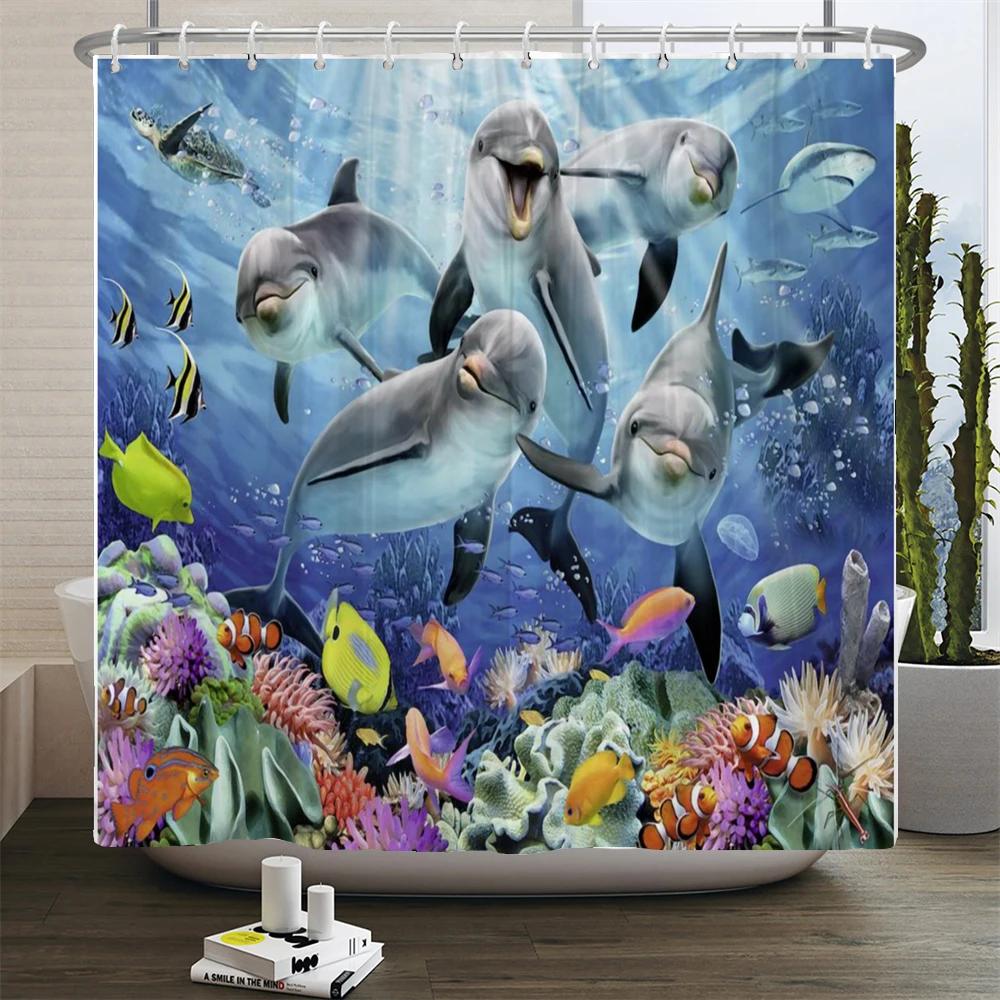 Ocean Underwater World Turtle Dolphin 3D Printing Shower Curtain Bathroom Curtain Waterproof Polyester Bath Curtains with Hooks