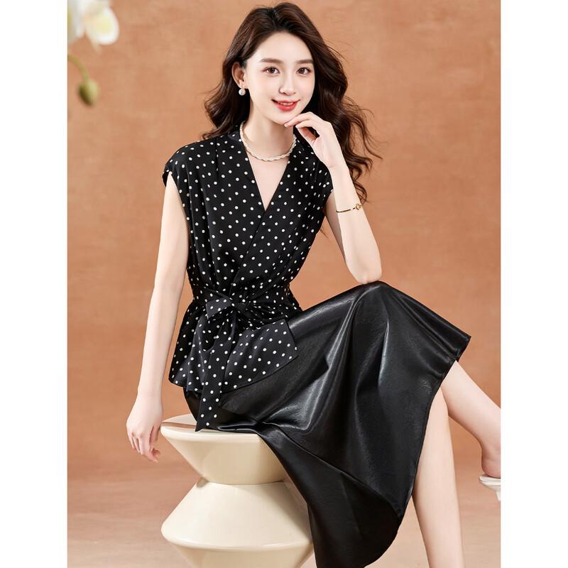 Elegant French Polka Dot V-Neck Top & Skirt Set XL чёрный
