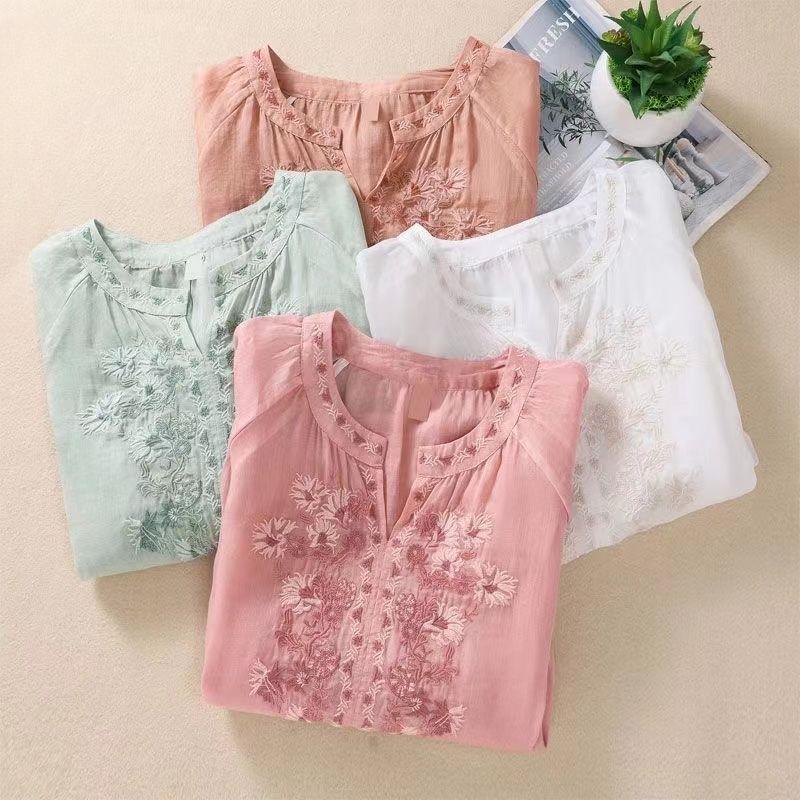 New Shirt T-shirt Solid Color Literary Retro Embroidery Loose V-neck Pullover Top