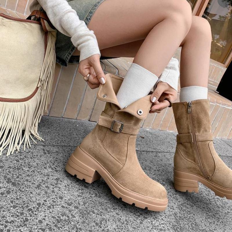 New versatile leather Martin boots solid color sleeve thick bottom non-slip comfortable large size women's boots round head medium boots women's