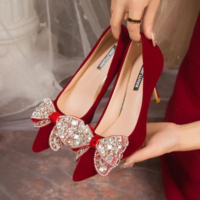 Fashion Red Bling Big Crystal Pumps Women Bowtie Flock Thin Heeled Wedding Party Shoes Woman Shiny Rhinestones High Heels Shoes