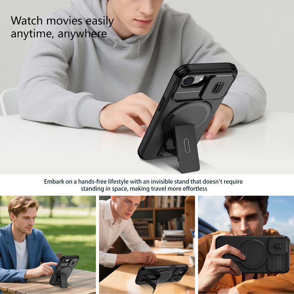 KEYSION Shockproof Armor Magnetic Case for iPhone 16e Silicone+PC Slide Camera Protect Kickstand Wireless Charging Phone Cover