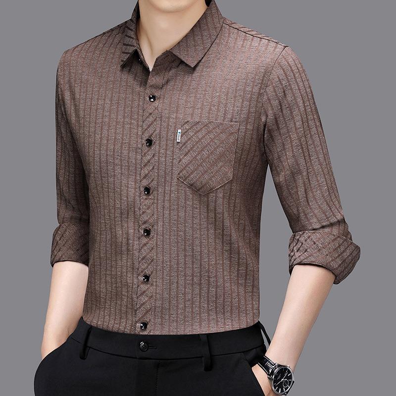 Smooth Anti-pilling Mulberry Silk Men's Long-sleeved Shirt Spring and Autumn New Striped Shirt No Ironing