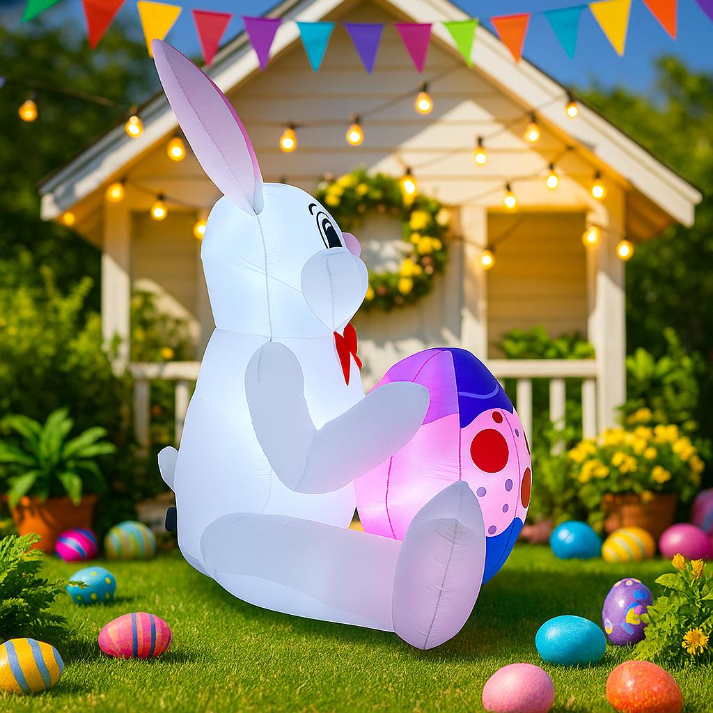 1.8M/6FT Happy Easter Inflatable Toys White Rabbit Embracing Easter Eggs Decor LED Lights Model Outdoor Garden Party Ornaments