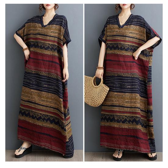 Plus Size Cotton Linen Maxi Dress for Women Loose V-Neck Short Sleeve