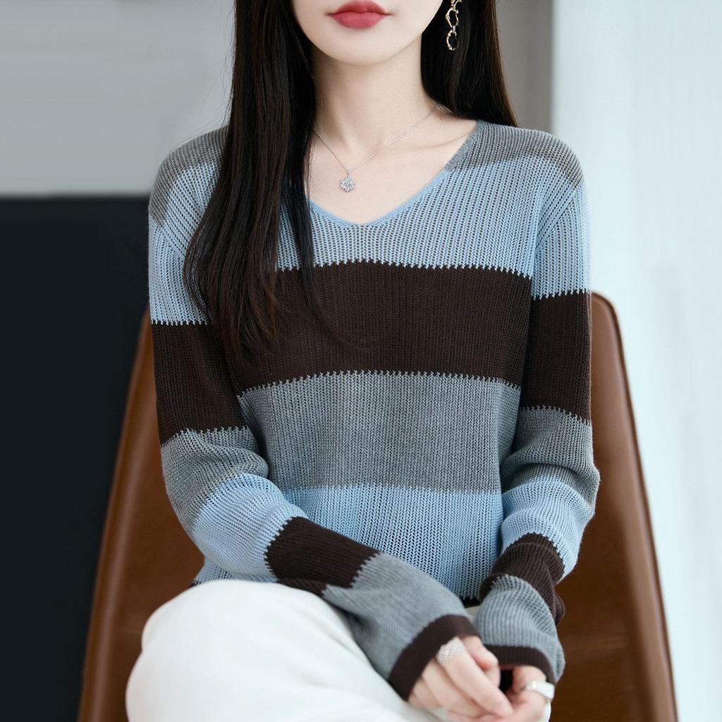 Women's Autumn V-Neck Color Block Striped Sweater - Soft, Loose, and Versatile