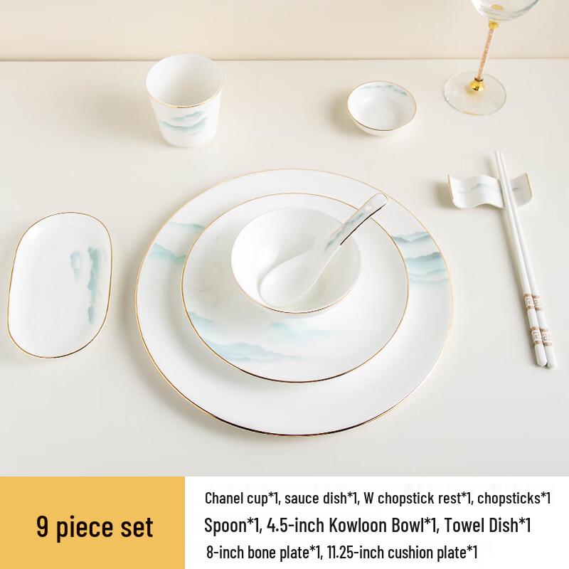 Chinese Landscape Gold-Rimmed Ceramic Tableware Set