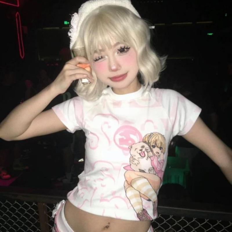 2KWEIRD Y2k Harajuku Streetwear T-Shirts Damen Japanische Mode Kawaii Süßer Cartoon-Druck Slim Sexy Tees Tops Weiches Gril Sommer