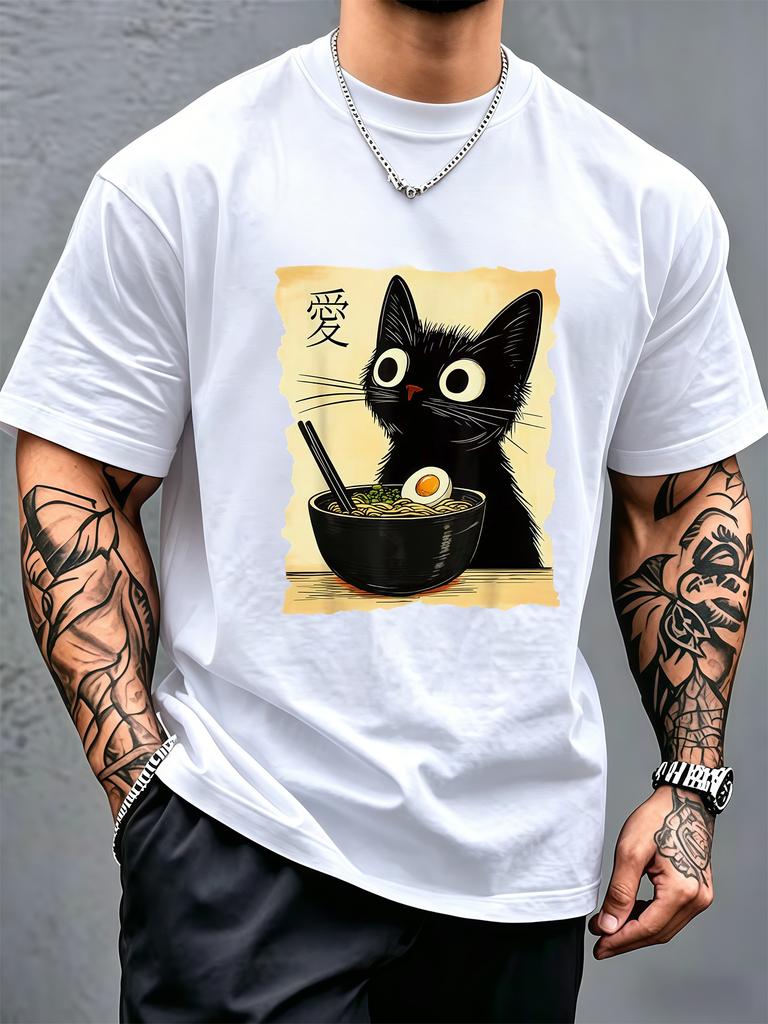 Cute Black Cat RaUnisex Noodle Kanji Love Unisexs Soft Cotton Short Sleeve Tee Vintage Japanese Anime Casual Top For Cat Food Lovers