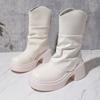 Pleated Platform Mid-leg Boots Autumn Winter New Round Toe Back Zip Non-slip Block Heel Stack Boots
