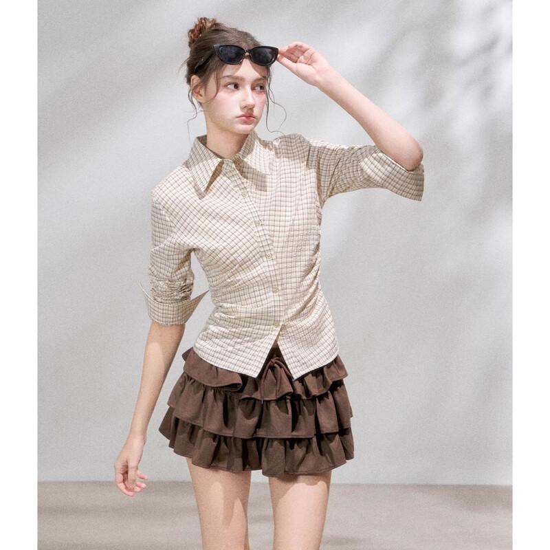 Women s Plaid Lapel Long Sleeve Slim-fit Shirt M