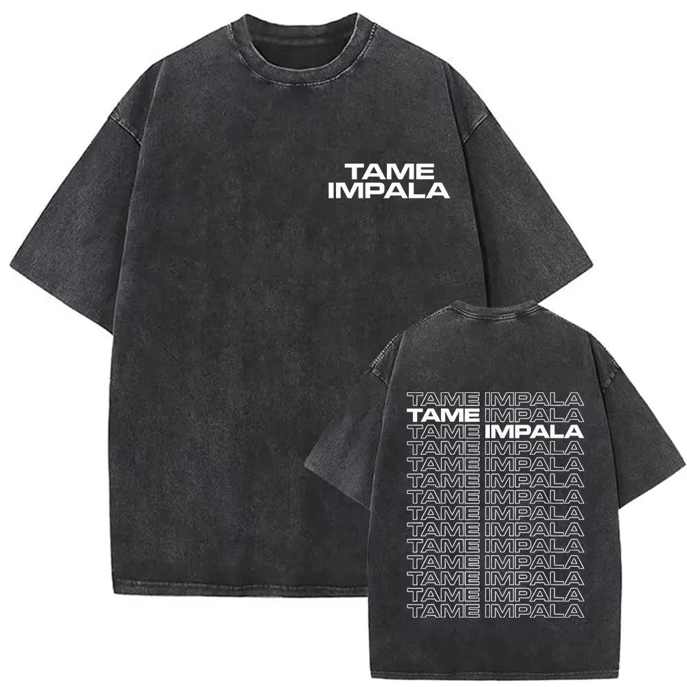 Tame Impala Tour Album Vintage Washed Tshirt Mens Hip Hop Gothic Tshirts Casual Oversized Short Sleeve T Shirt Streetwear