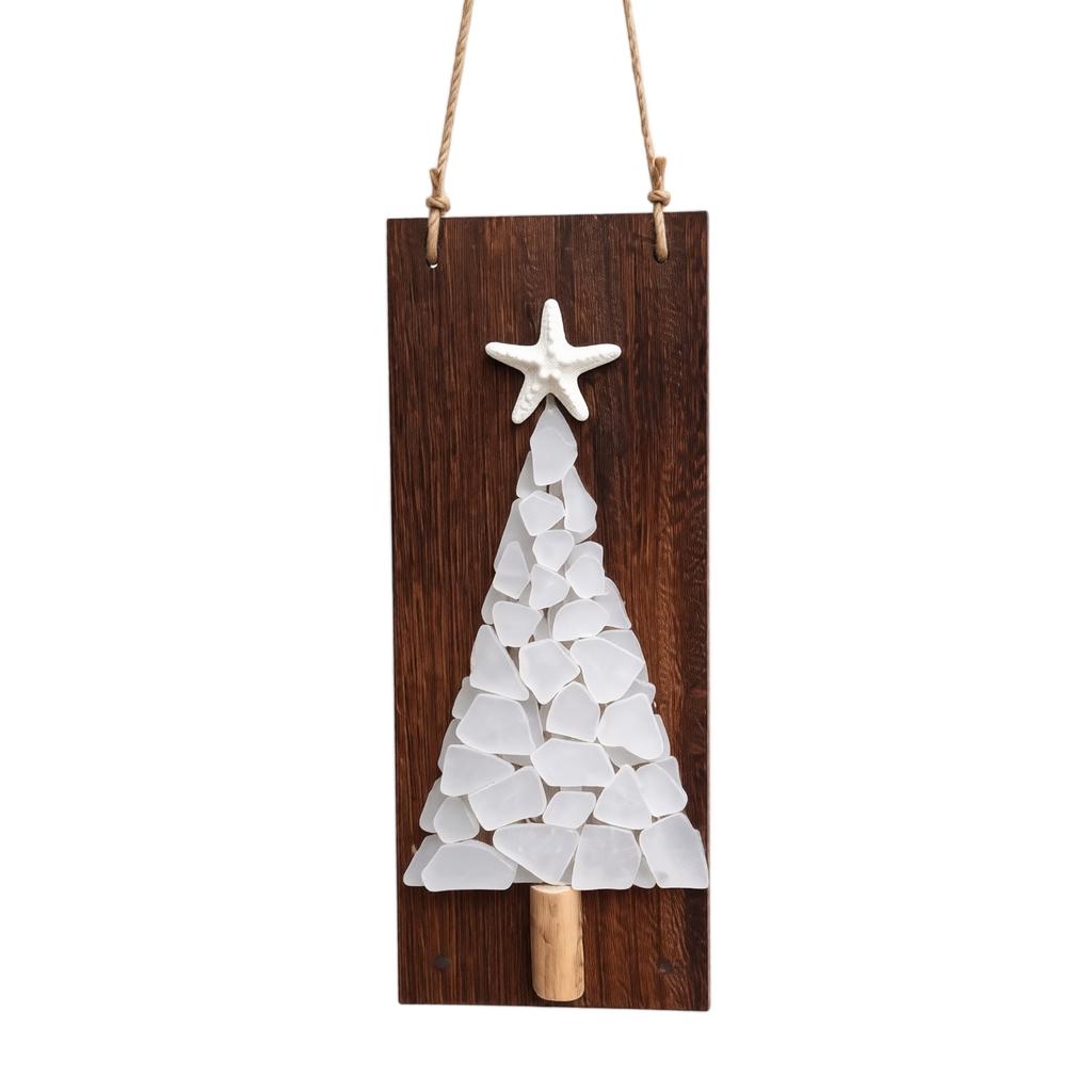 Non-Lighted Sea Glass Christmas Tree Ornament, Driftwood Christmas Hanging Decor for Wall and Wreath