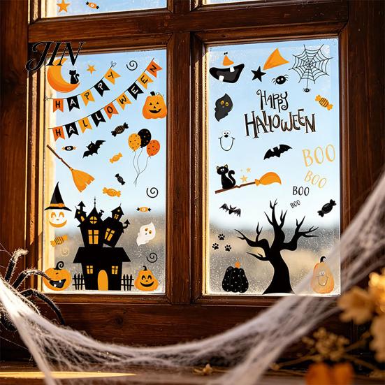Cartoon Pumpkin Window Cling 4 Sheets Halloween Electrostatic Glass Stickers, Pumpkins Castle Bats Bright Color Decals PVC Waterproof Static