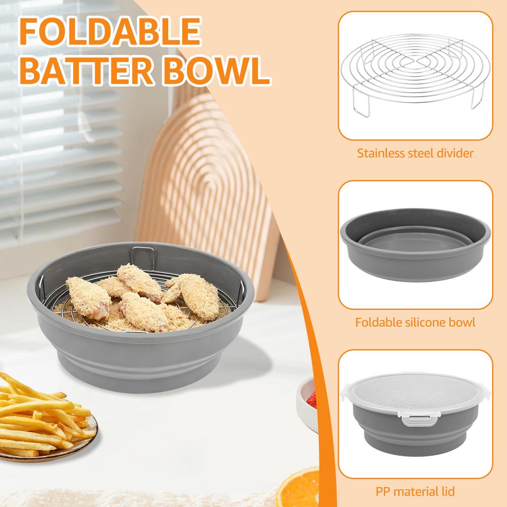 Foldable Batter Bowl Silicone Breading Shaker Bowl with Lid Breadcrumb Mixing Bowl Breading Shaker Container for Cooking Camping