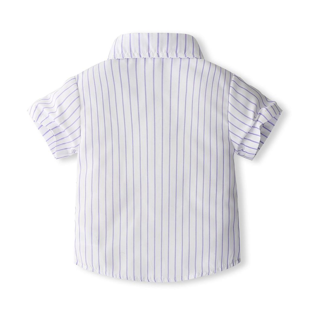 Outfit für Jungen und Gentlemen, kurzärmliges Hemd mit vertikalem Streifenmuster, Fliege und Hosenträger-Shorts für formelle Kleidung