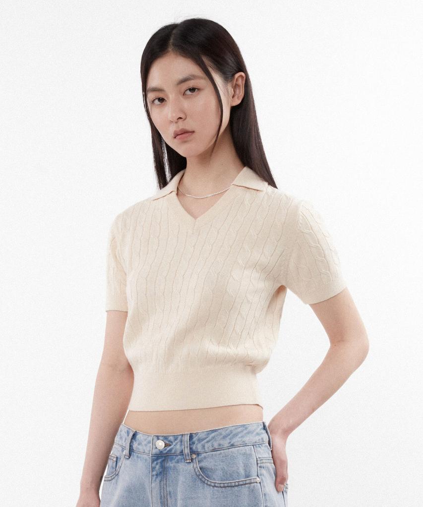 KIIMUIR (Women) Cotton Open Collar Cable Half Knit_Beige