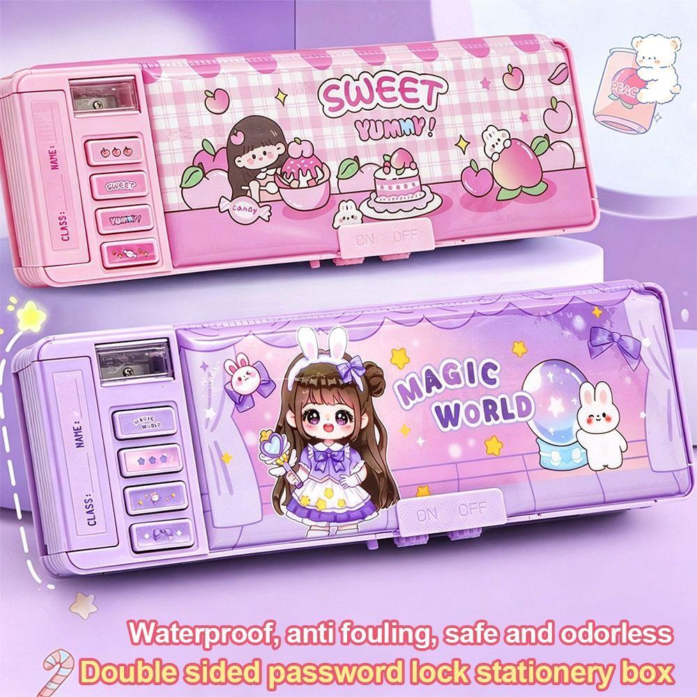 Dual Password Lock Pencil Case Automatic Pop-Up Double Layers Stationery Box Storage Organizer Stationery Case School Office