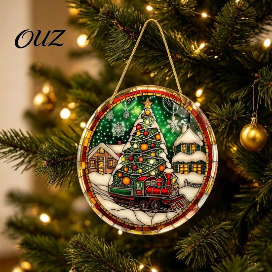 Decorative Lanyard Pendants 2D Flat Acrylic Christmas Tree Pendant with Lanyard, Lightweight Colorful Winter Snowscape Hanging Ornament for
