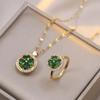 Emerald Rotating Ring Necklace: Japanese & Korean Style Zircon Titanium Steel Clavicle Chain