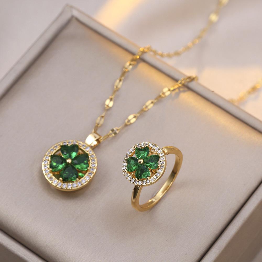 Emerald Rotating Ring Necklace: Japanese & Korean Style Zircon Titanium Steel Clavicle Chain