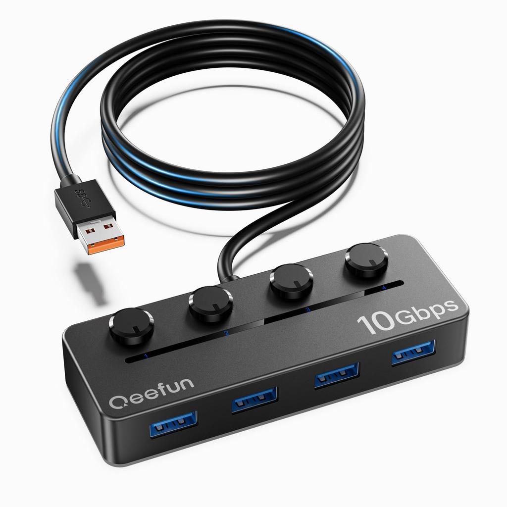 Qeefun USB Hub with Individual LED Power 10Gbps Data Extension Multiple USB Extender for USB Flash and More 4-Port 3.2 Switch, Transfer, 1.2M Cable,