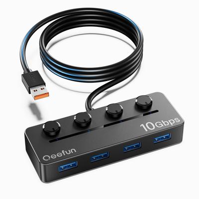 Qeefun USB Hub s individuálnou LED napájaním 10 Gb/s Rozšírenie dát Viacero USB predlžovačov pre USB flash disk a ďalšie 4-portový 3.2 Prepínač, Prenos, Kábel 1,2 M,