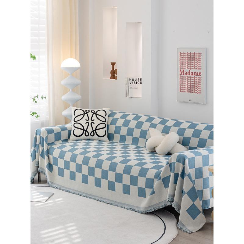 Chenille Black and White Plaid Sofa Cushion Sofa Cover Four Seasons Universal Simple Black Cushion Backrest Towel Cover Cloth