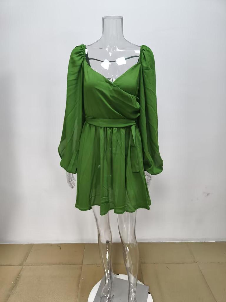 Spring 2026 Women's V-Neck Elegant Solid Pleated Dress - European & American Style