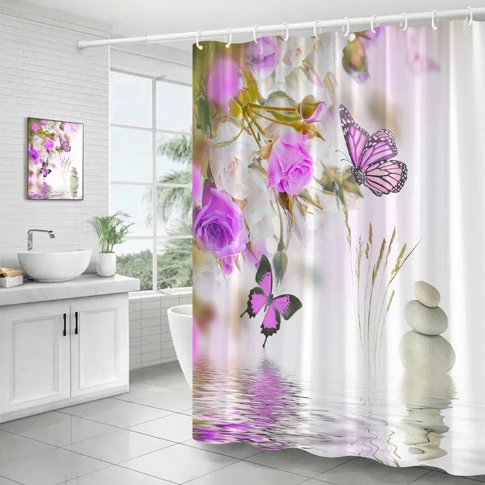 Pink Flowers Shower Curtains Butterfly Rose Zen Grey Stone Nature Scenery Polyester Fabric Bathroom Curtain Decor Set with Hooks