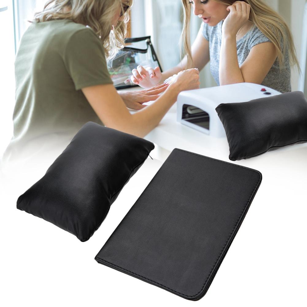 Soft PU Leather Detachable Washable Hand Rest Pillow + Folding Manicure Table Mat Black