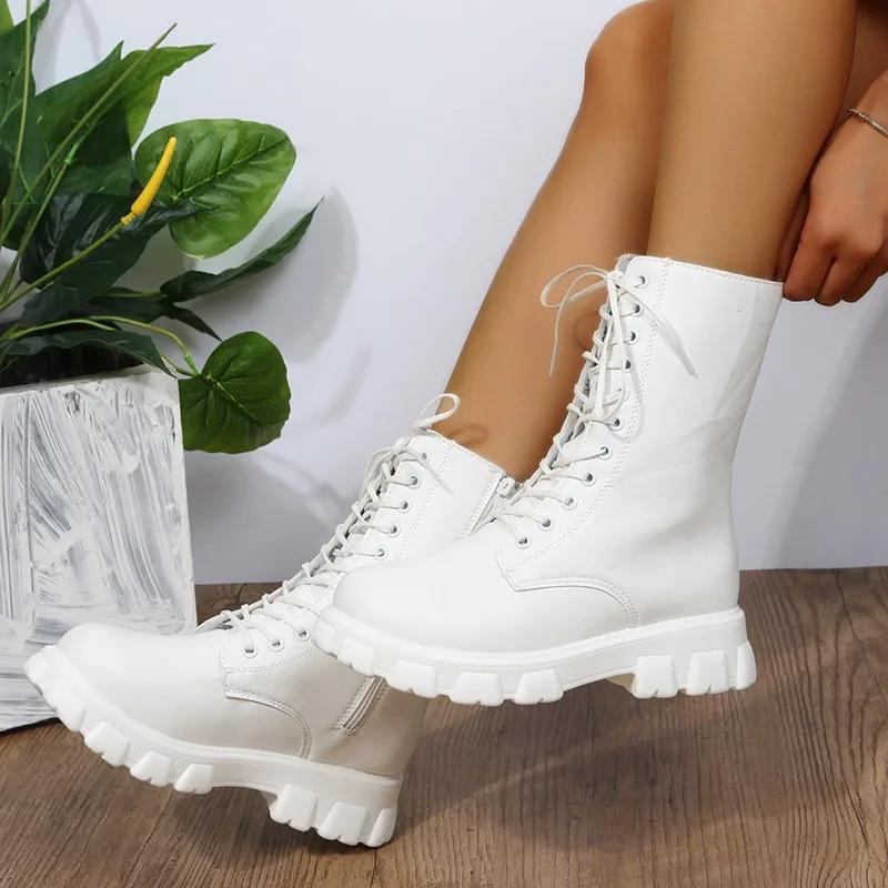 Ladies Shoes 2024 Hot Sale Mid-Calf Women's Boots Plus Size Modern Boots Women Lace-up Round Toe Med Heel Side Zip Female Shoes