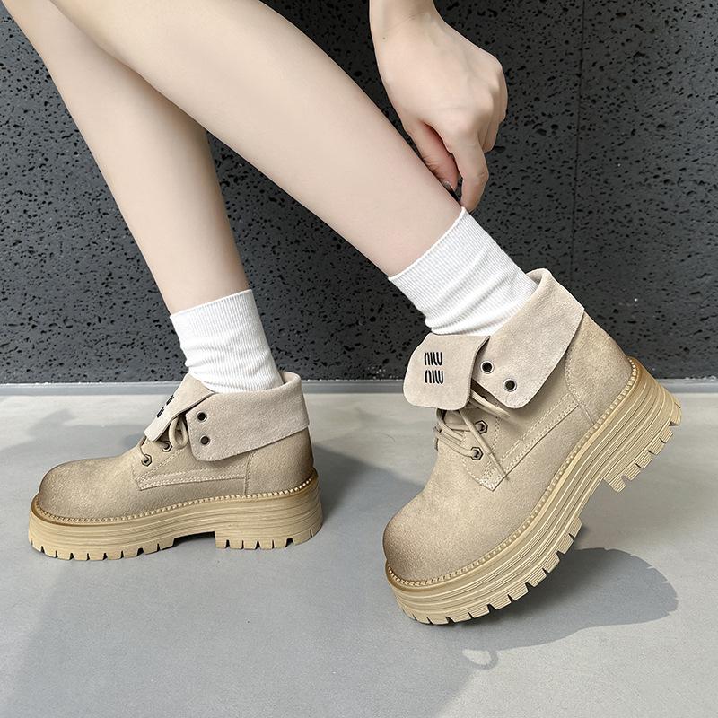 European retro flip two wear Martin boots, women's cattle anti-velvet thick-soled inner height-increasing women's short boots, outdoor hiking shoes