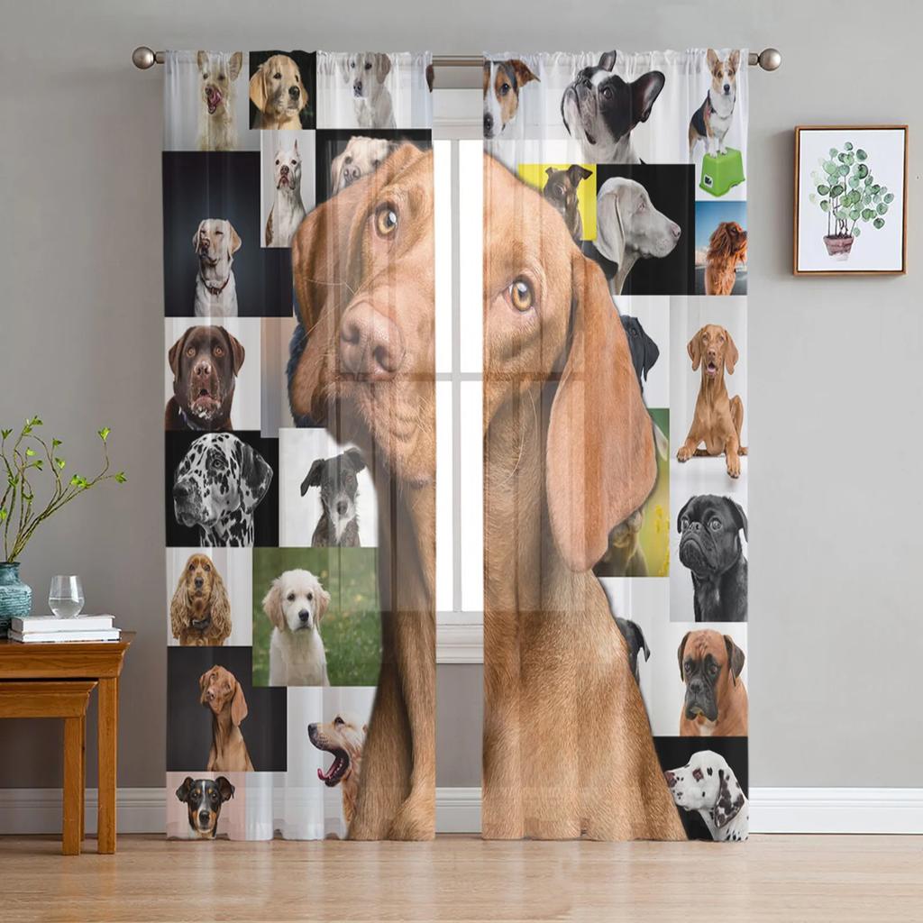 Light Filtering Bulldog Collie Animal Dog Tulle Curtains Living Room Bedroom Decoration Transparent Chiffon Voile Window Curtain Polyester Washable