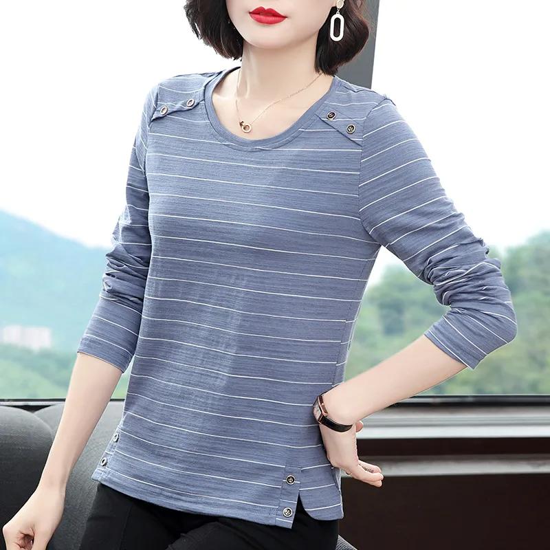 

Striped T-shirt Long-sleeved 2025 Spring and Autumn New Loose Cotton Bottoming Top M синій