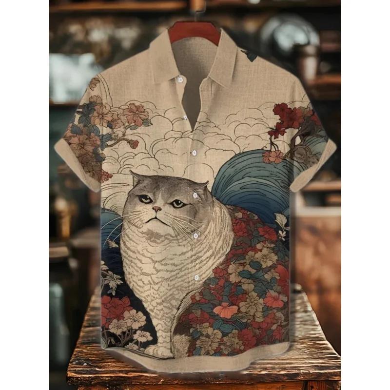 3D Printed Fun Cat Fish Hawaiian Shirt for Men Cute Animals Pattern Aloha Shirts Summer Short Sleeve Tops Street