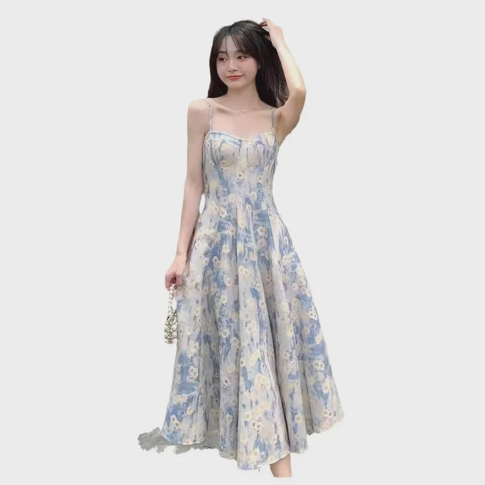 Rochie Maxi Florală Albastru Franțuzesc – Vacanță la Mare & Articole de Plajă pentru Femei