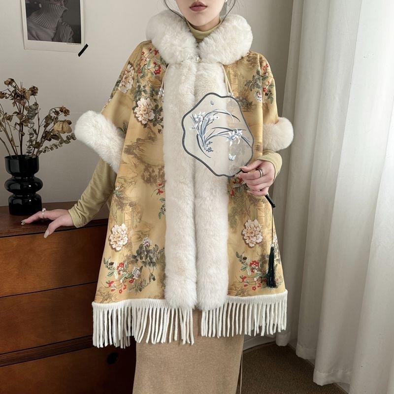 

Меховой воротник с бахромой, шаль, плюшевая утолщенная накидка в национальном стиле, шерстяная куртка с капюшоном в иностранном стиле для женщин 0018 # One Size