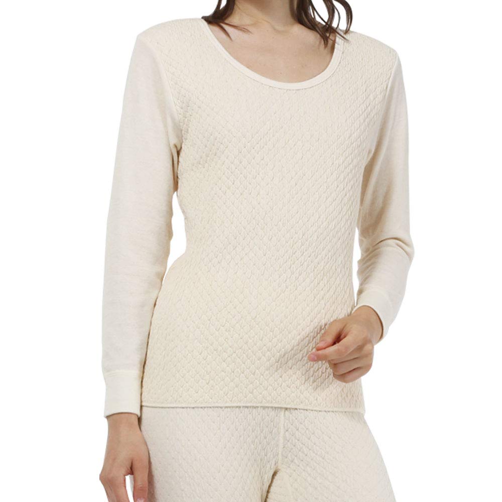 Hidamari Women's Long Sleeve Undershirt, Warm and Warm, Double-Layered Sleeves/Triple-Layered Body, Size Small, Pale Beige [IT800-PBE]