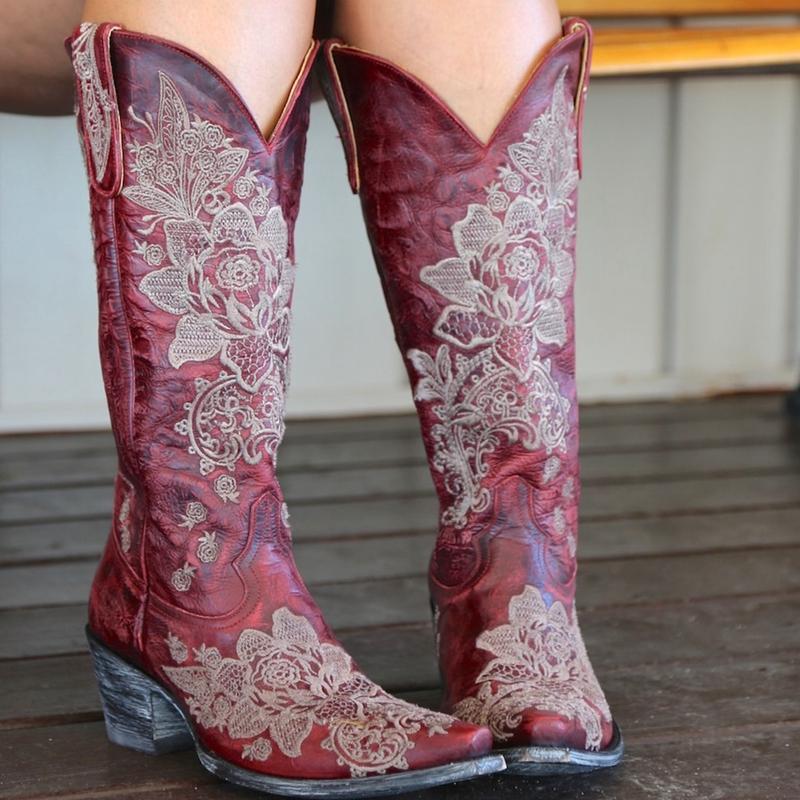 Fashion Western Style Women's Pointed Large Embroidered Rose High Heels Vintage Old Women's Boots High Barrel Western Boots