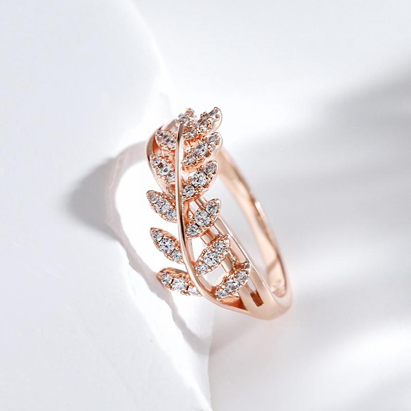 Shiny Natural Zircon Leaf Ring For Women Trendy  Rose Gold Color Vintage Wedding Jewelry Daily Party Accessories
