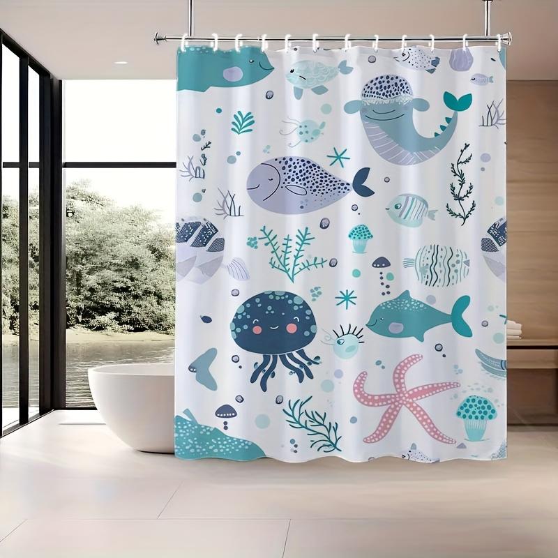 Cartoon Ocean Shower Curtain, Starfish Jellyfish Whale Fish Seaweed Bathroom Partition Curtain, Bathroom Bathtub Shower Curtain