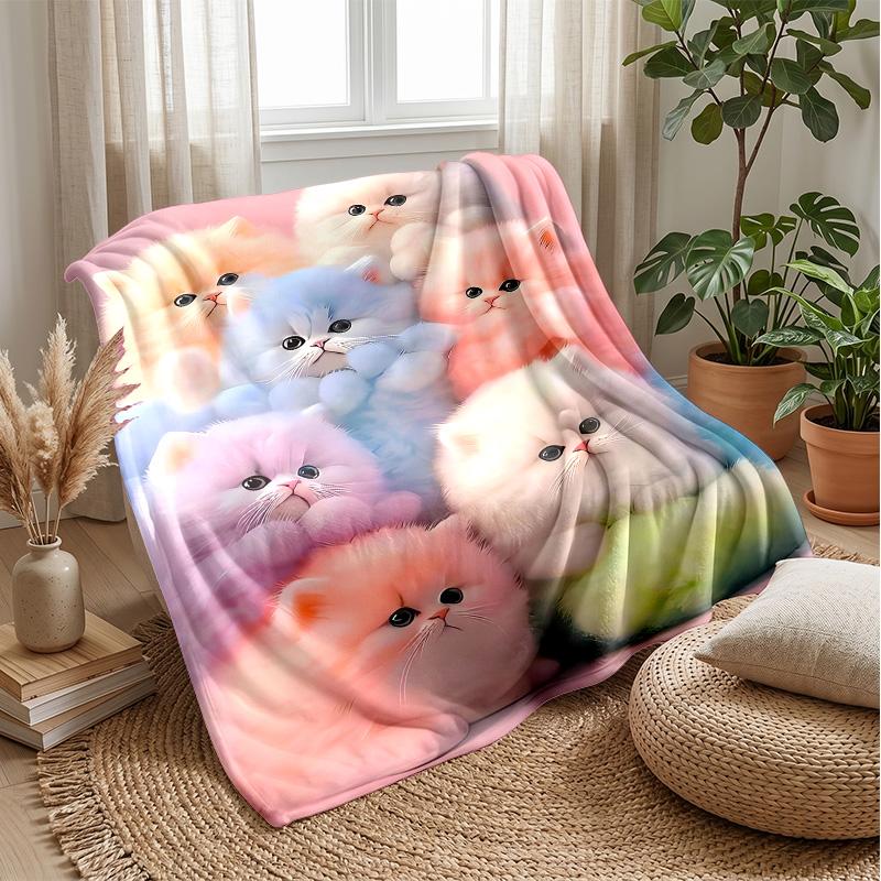 Winter Girl with Kitten Theme Blanket Lightweight Warm Flannel Blanket Decorative Throw Blanket for Home Decoration