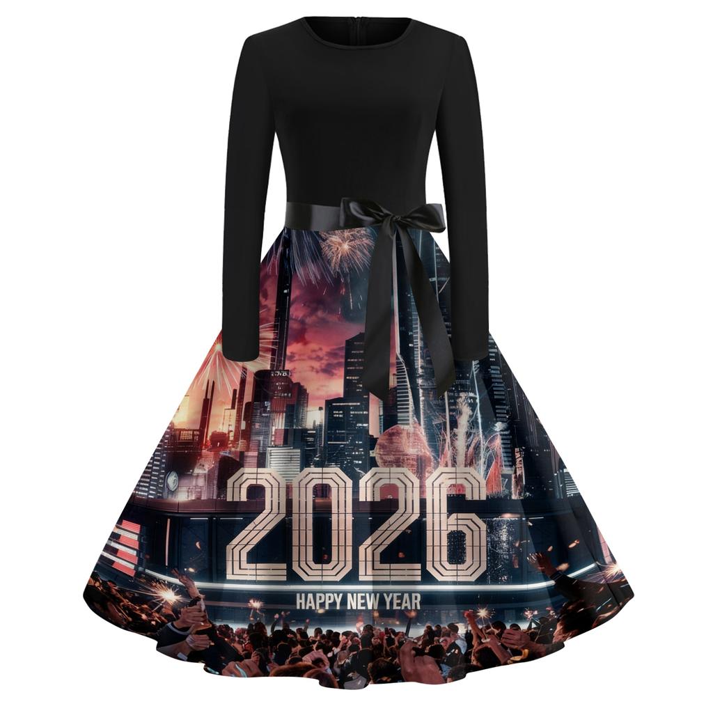 Women's Casual Fashion Round Neck Long Sleeve New Year Printed Retro Dress